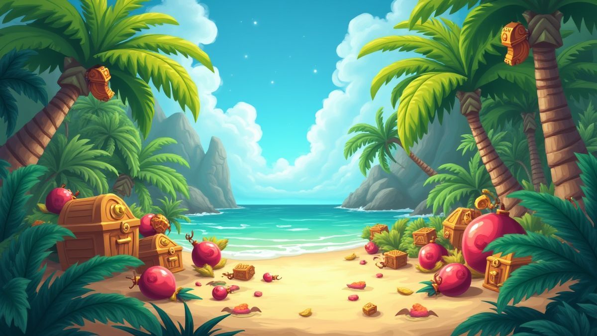 Paisaje tropical con bombas rebotando y tesoros coloridos.