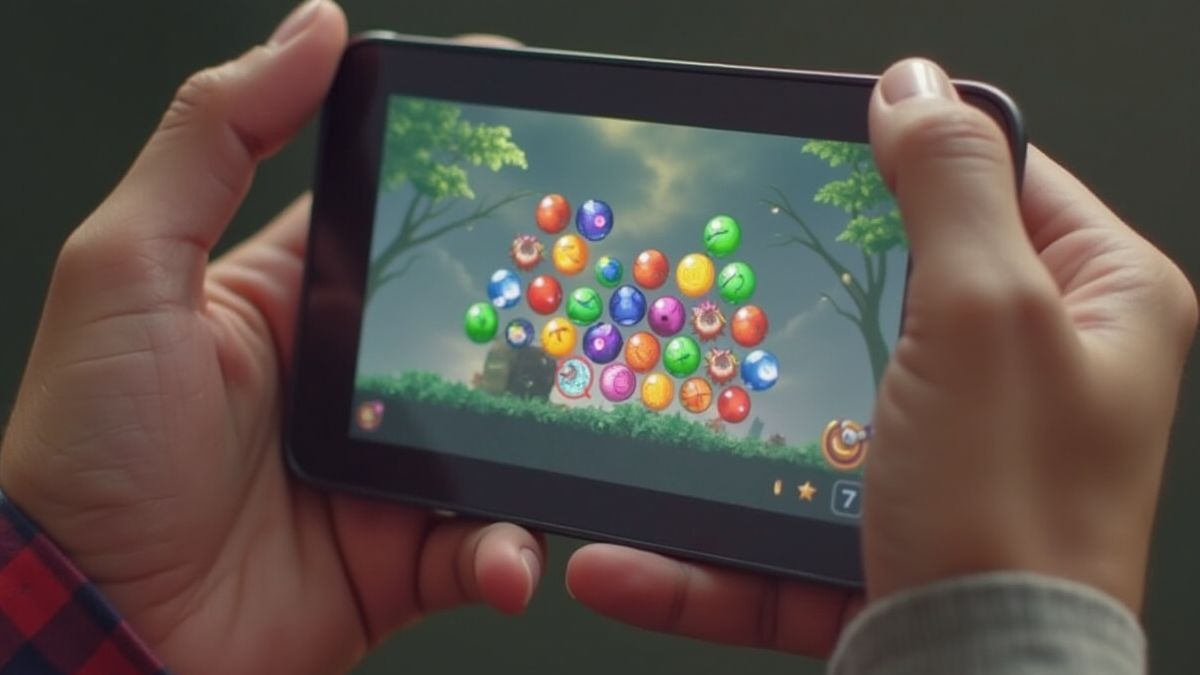 Jugador sosteniendo un dispositivo móvil con bombas rebotando en la pantalla.