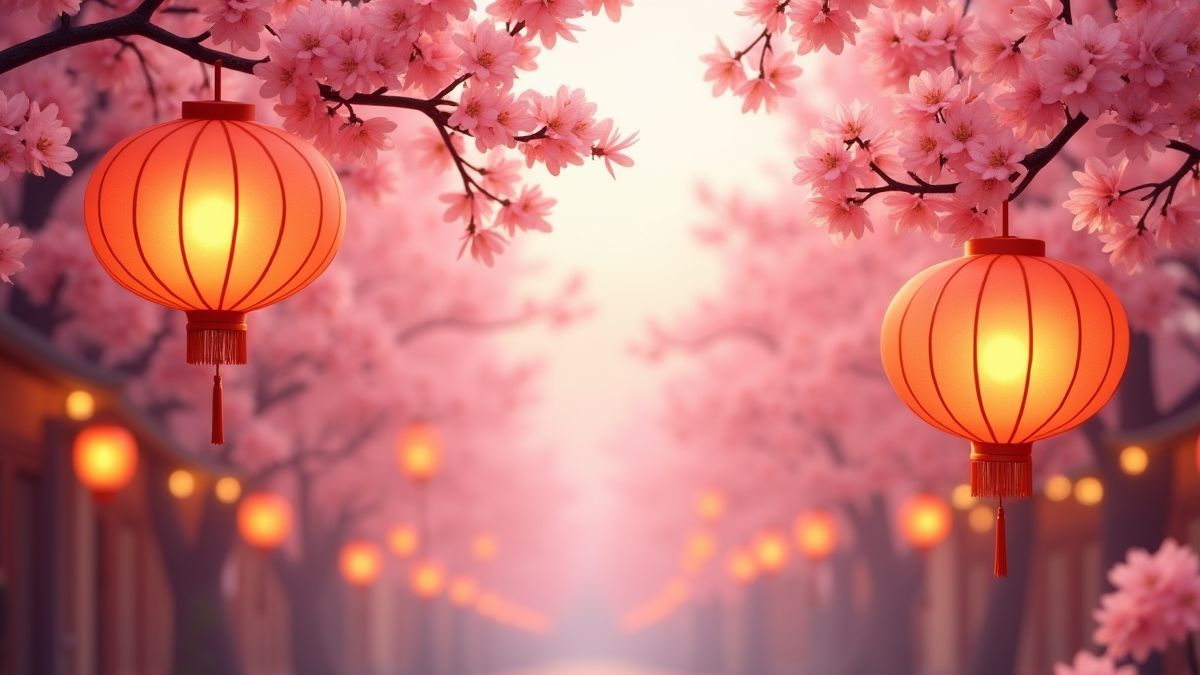Lampionnen tussen kersenbloesems in een Aziatisch festival.