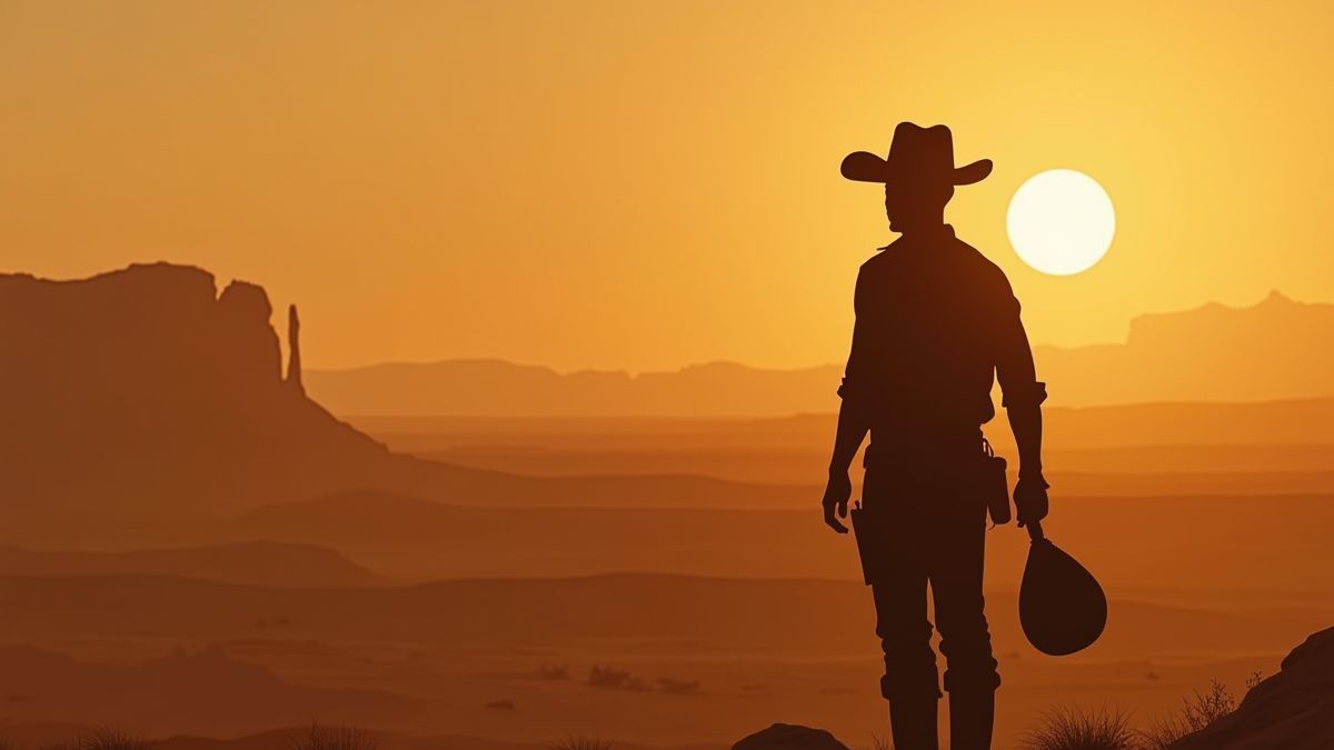 Ein Cowboy, der einen Sack mit Goldmünzen in einer Wüstenlandschaft unter einem Sonnenuntergang hält.