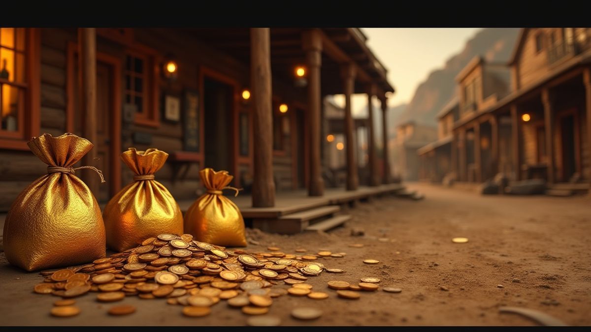 Goldene Säcke voller Münzen neben einem Saloon in einer Stadt des Wilden Westens.
