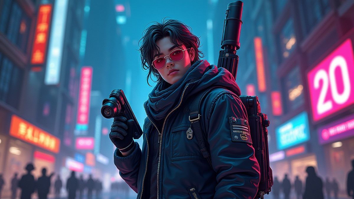Cazadora de recompensas futurista com tecnologia avançada em uma cidade iluminada por neons.