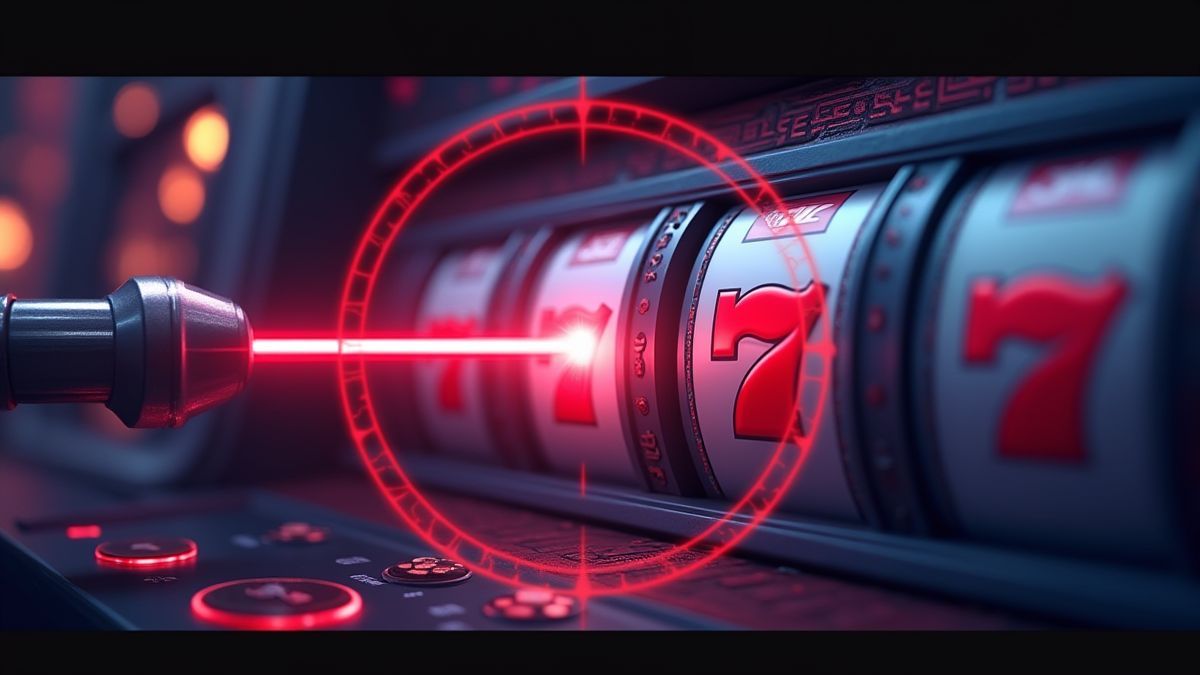 Mira laser futurista apontando para um símbolo nos rolos de uma slot.