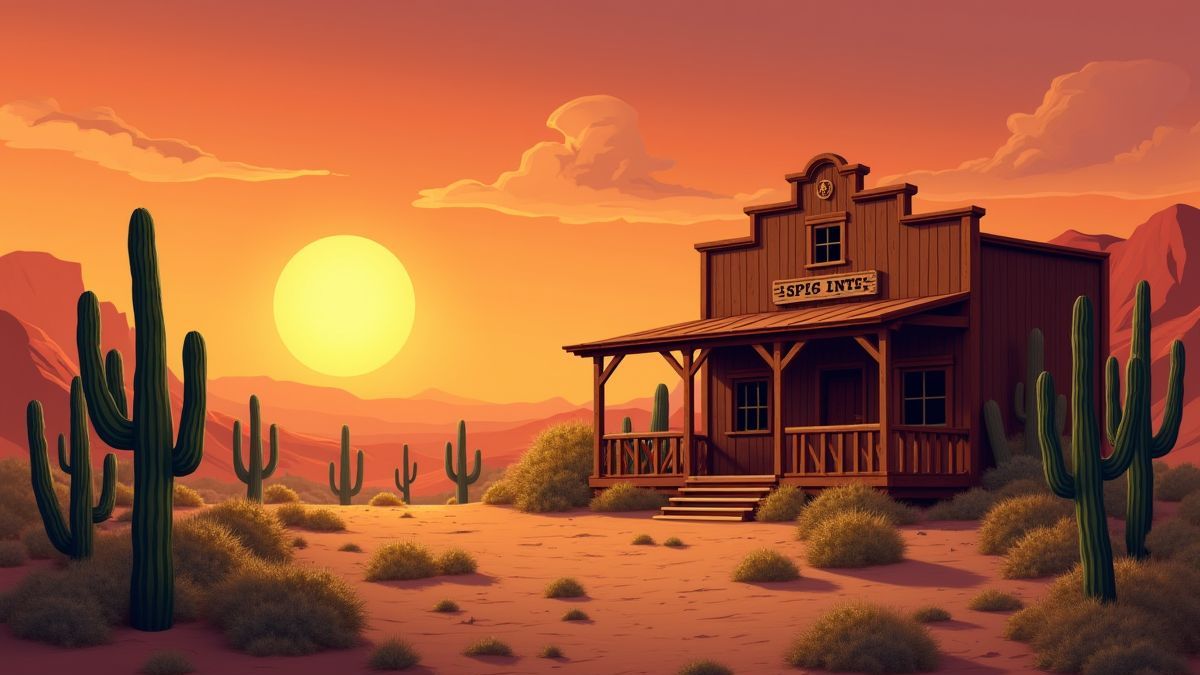 Paysage du désert avec un salon en bois et un coucher de soleil.