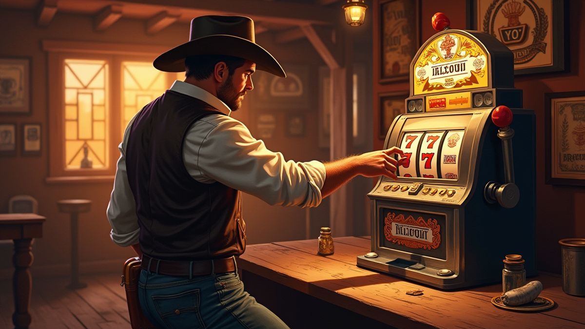 Vaquero girando una máquina tragamonedas en un salón polvoriento.
