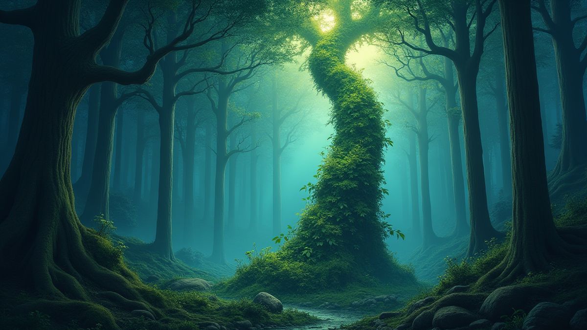 Un forêt enchantée avec une tige magique brillant.