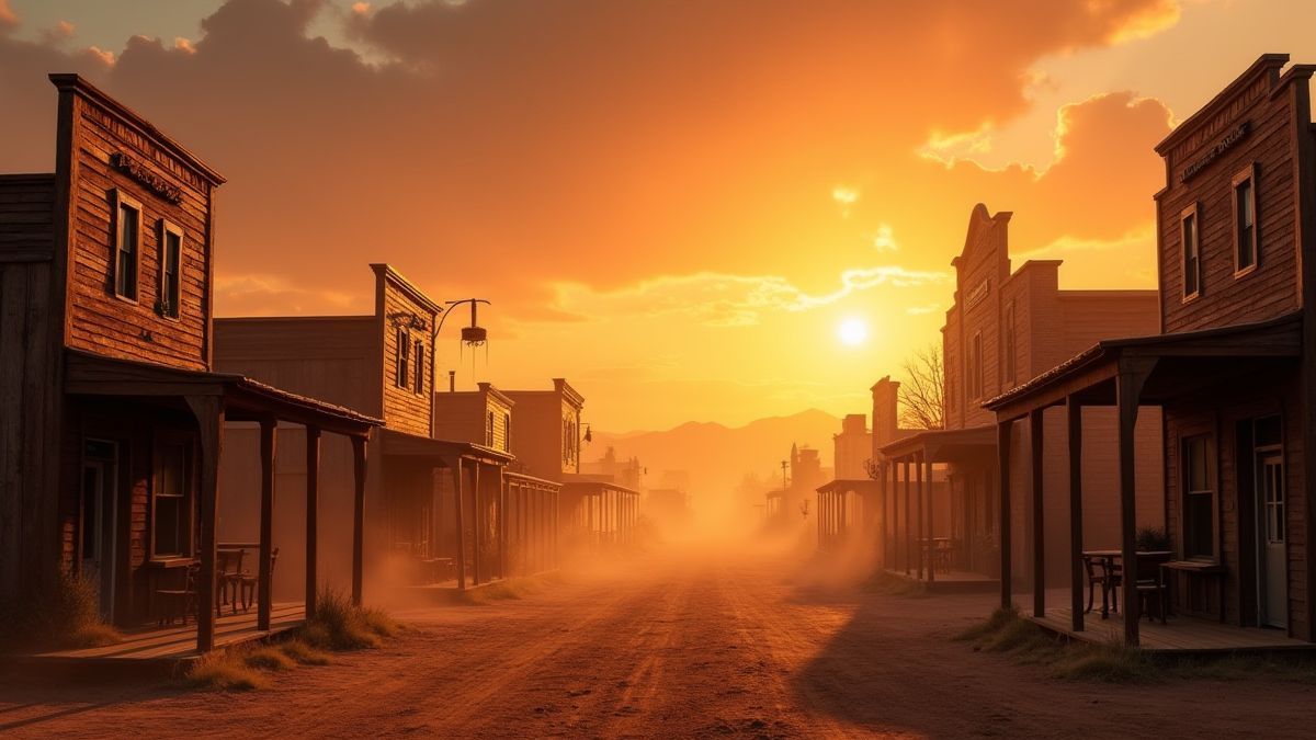 Pueblo del Salvaje Oeste com salões e escritório do xerife ao entardecer.