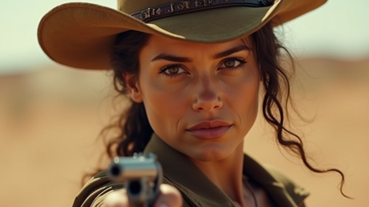 Cazarrecompensas ruiva segurando um revólver com um fundo de deserto.