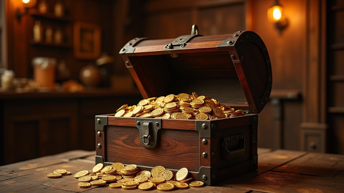 Cofre do tesouro cheio de moedas e lingotes de ouro em um salão estilo Oeste.