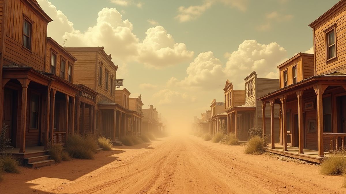 Een stad in het Wilde Westen met saloondeuren en rollende woestijnplanten.