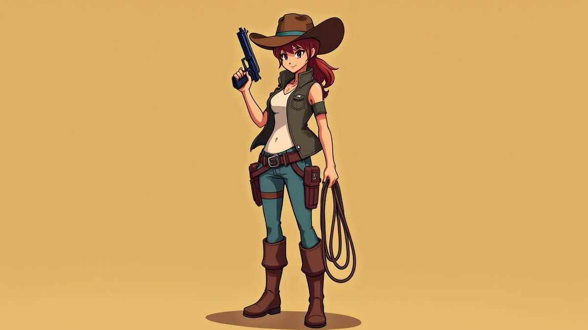 Een geanimeerde bounty hunter met een lasso en een pistool in de hand.