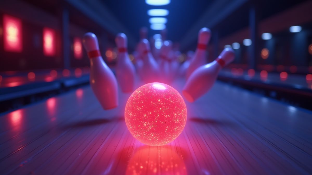 Animierte Bowlingkugel, die leuchtet, während sie auf die Pins rollt.