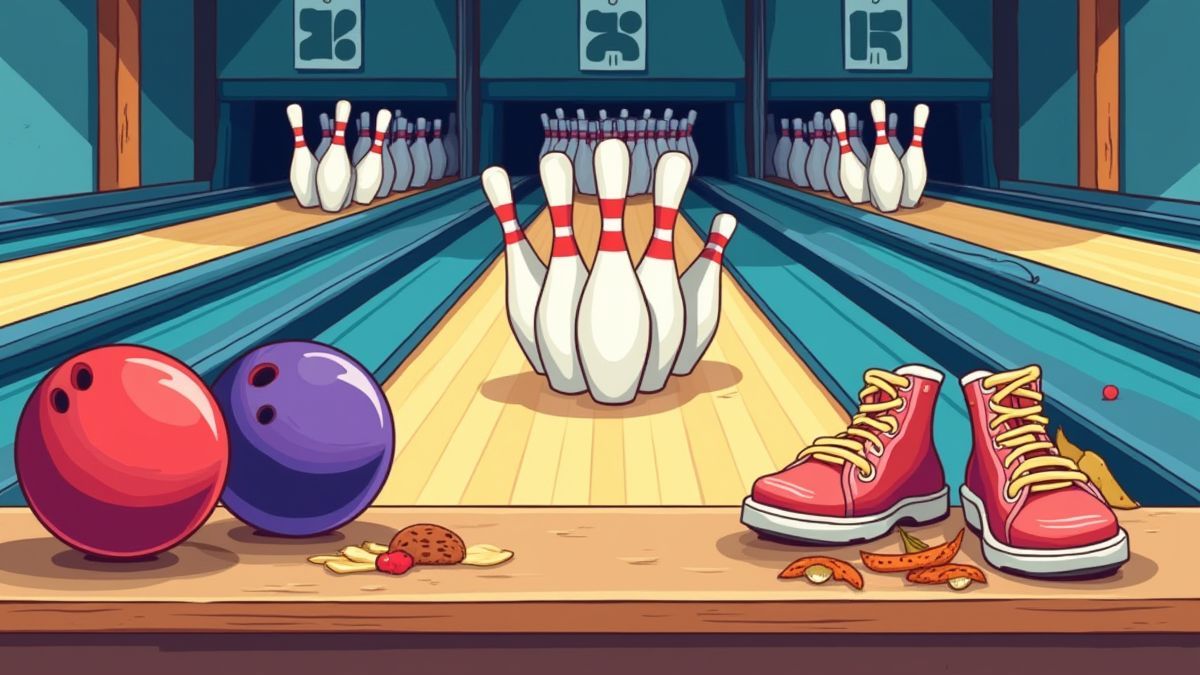 Une illustration d'une piste de bowling avec des chaussures et de la nourriture sur une table.