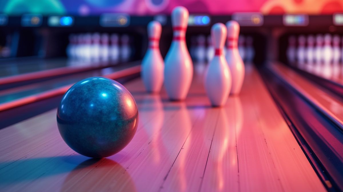 Une boule de bowling roulant vers les quilles dans une piste colorée.