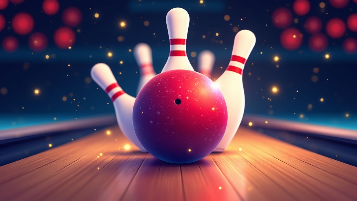 Una bola de bolos colorida con efectos brillantes sobre una pista de madera.