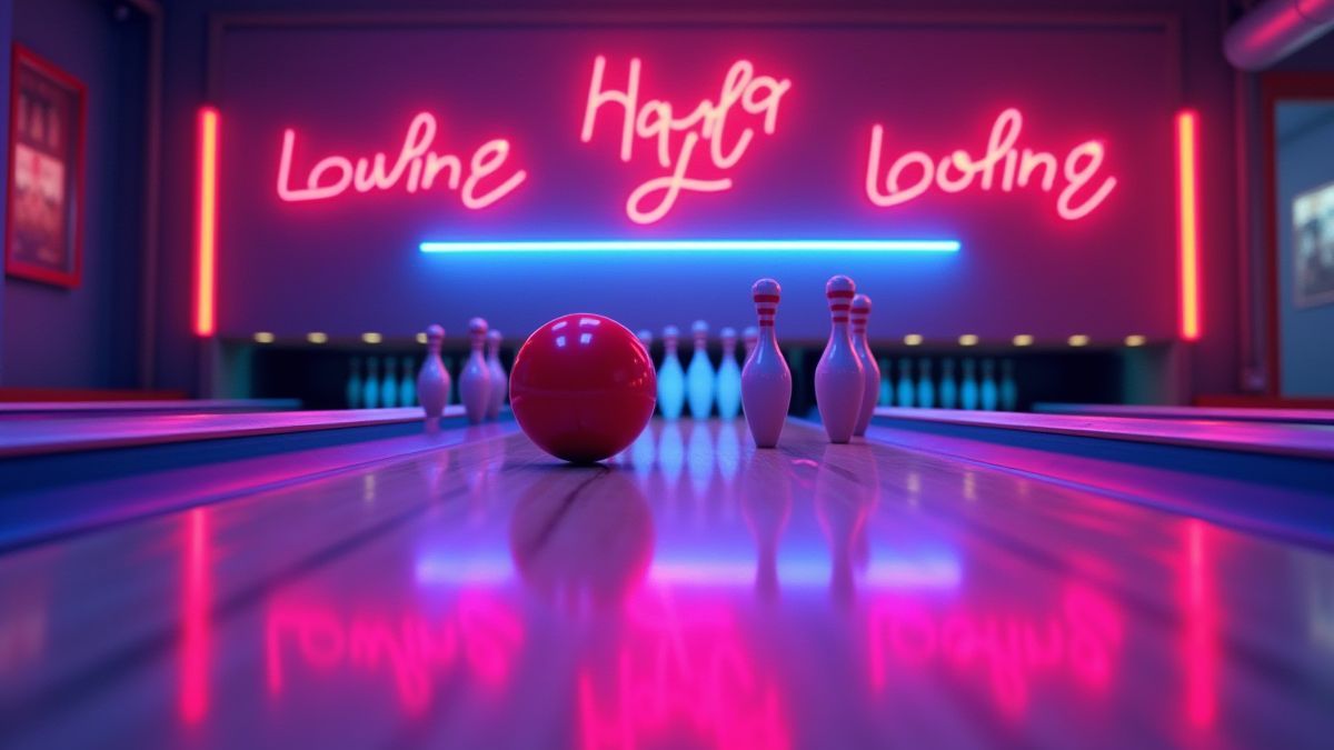 Una bolera con luces de neón y bolos de colores vibrantes.