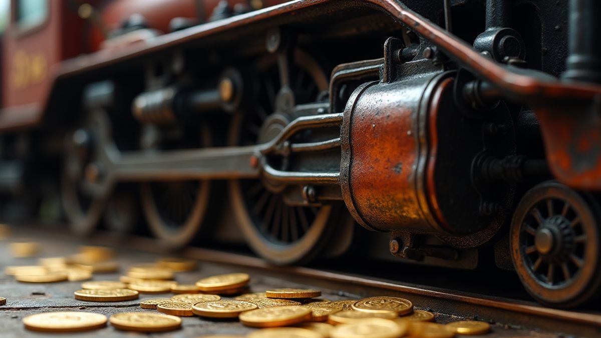 Primer plano de una locomotora de vapor con monedas doradas a su alrededor.