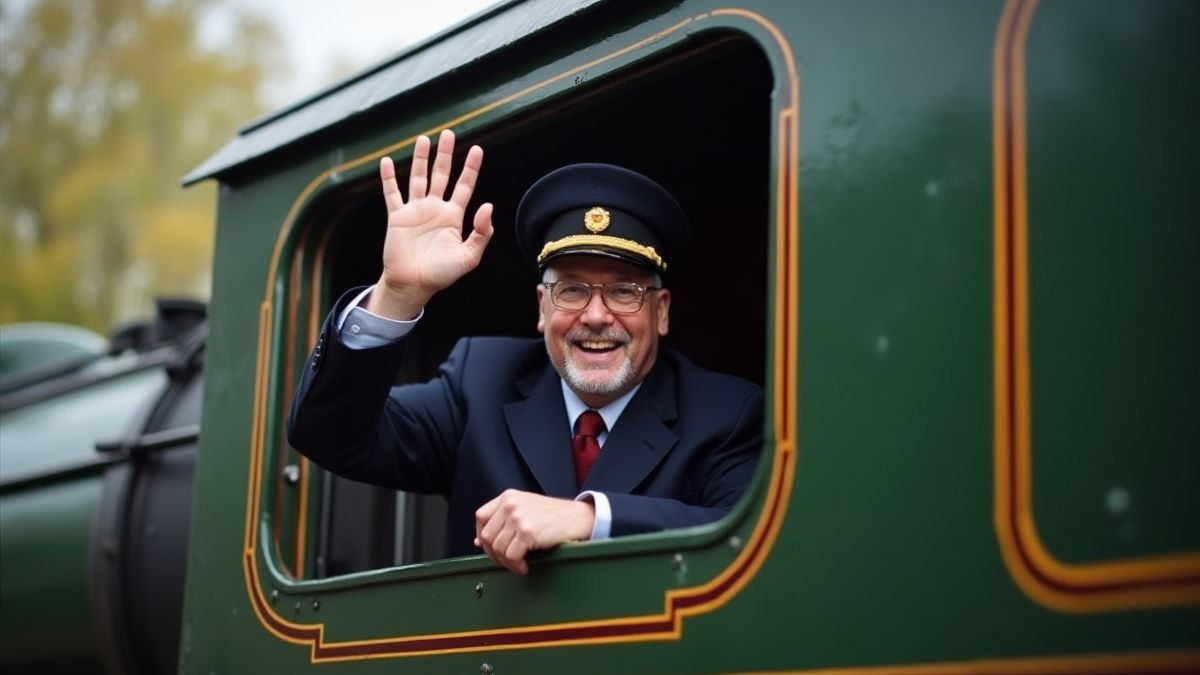 Un conductor de tren saludando desde la ventana de un tren de vapor.