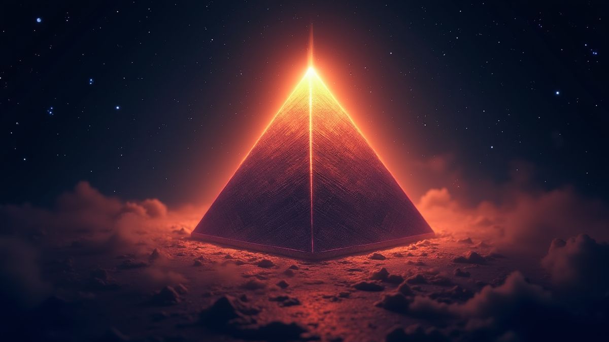 Leuchtende Pyramide umgeben von Sternen und einer mystischen Aura.