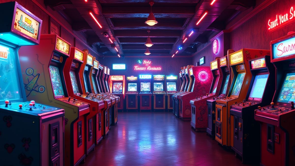 Ein retro Arcade-Raum, beleuchtet mit Neonlichtern.