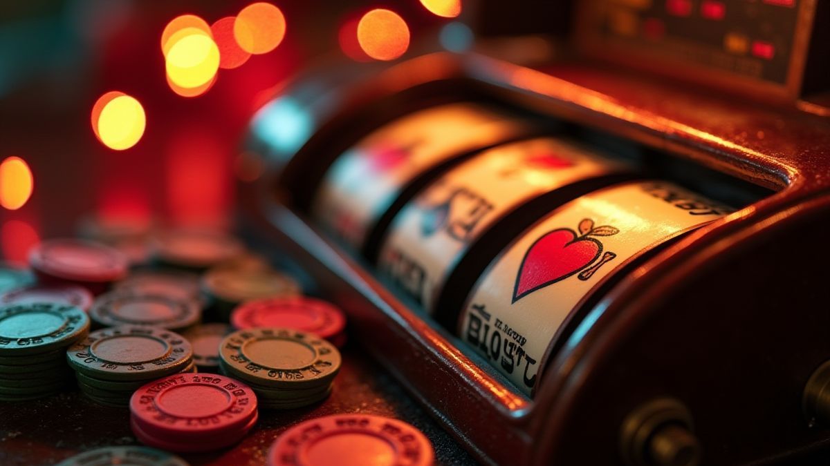 Eine vintage Spielautomaten umgeben von leuchtenden Lichtern und Casino-Chips.