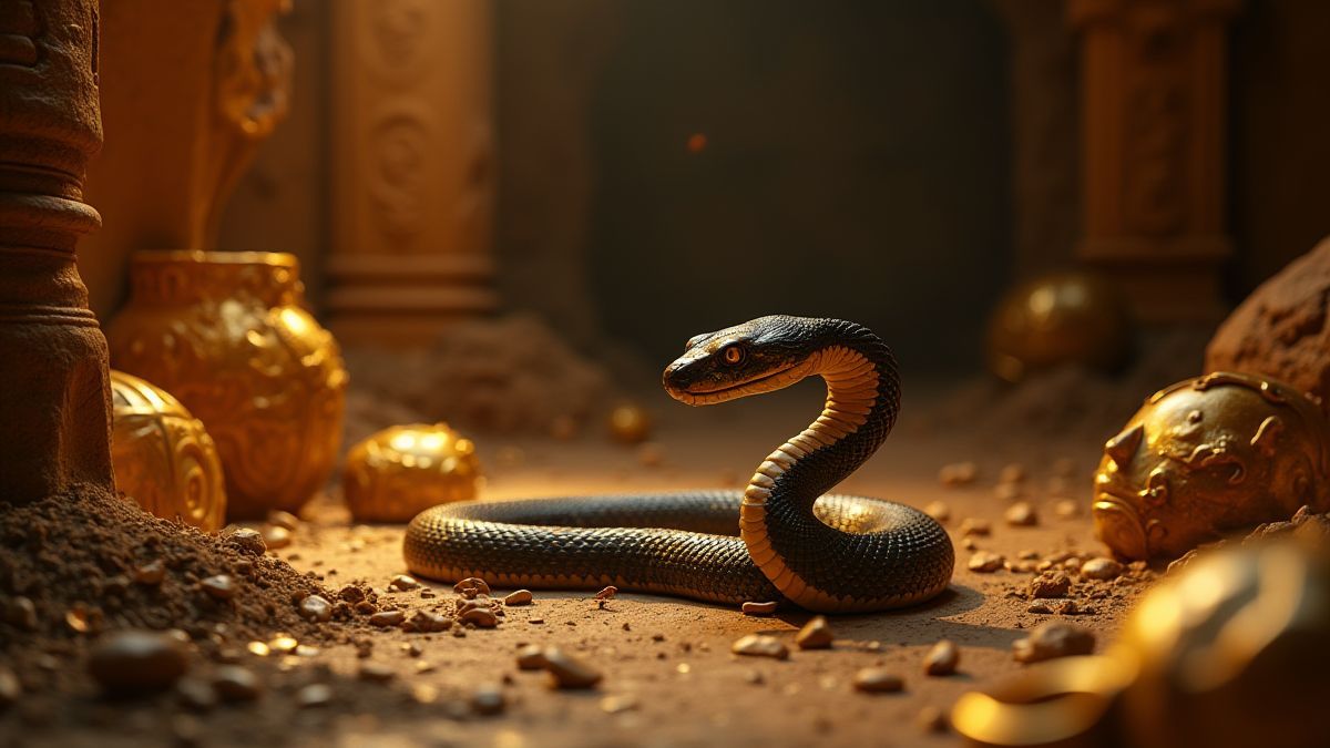 Ägyptische Schlange zwischen goldenen Artefakten in einer alten Grabkammer.