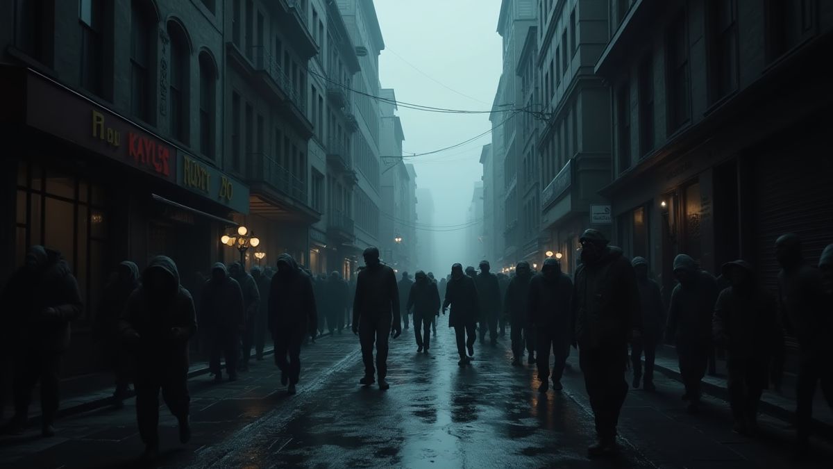 Calle oscura con zombis al acecho en las sombras.