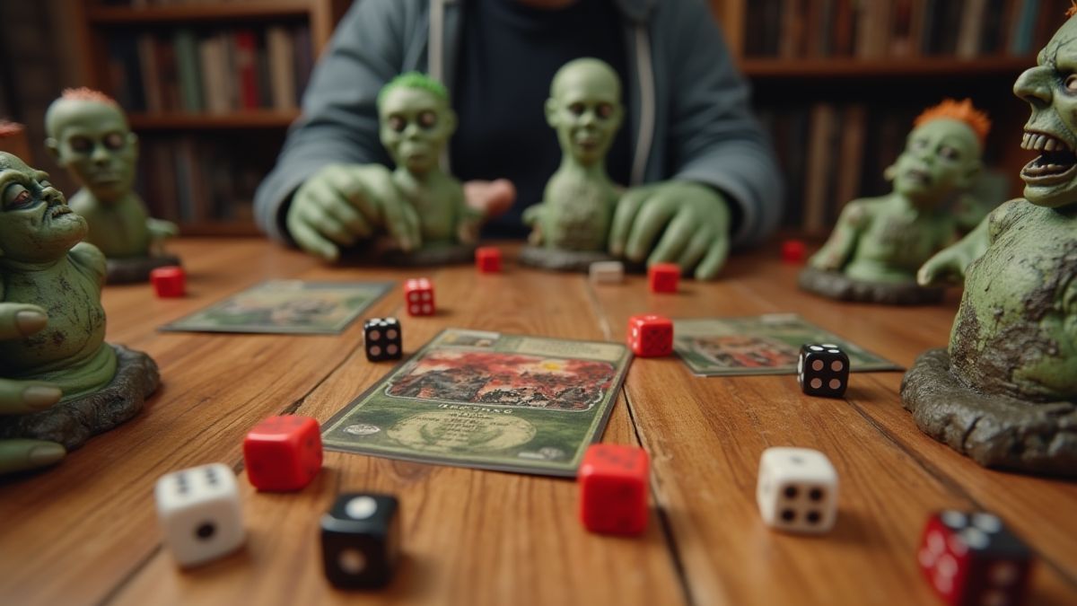 Dados rodando sobre uma mesa rodeada de objetos temáticos de zumbis.