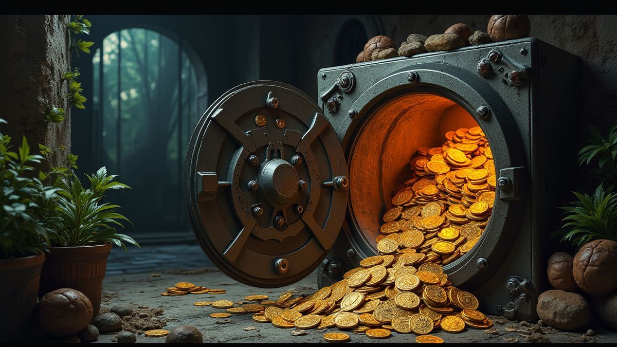 Uma bodega cheia de moedas e tesouros rodeada de decorações temáticas de zumbis.