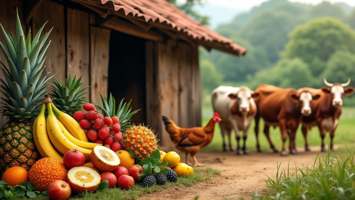 Frutas tropicales y animales de granja junto a un granero brasileño.