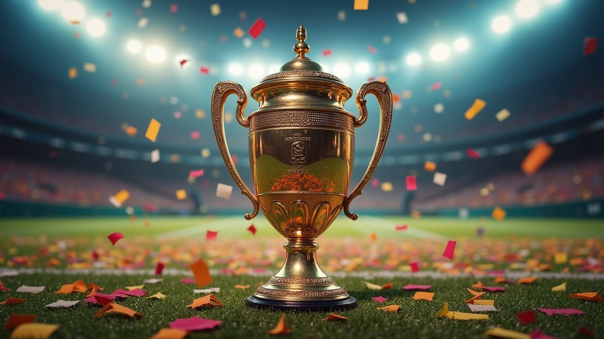 Football trophy surrounded by confetti in a stadium.