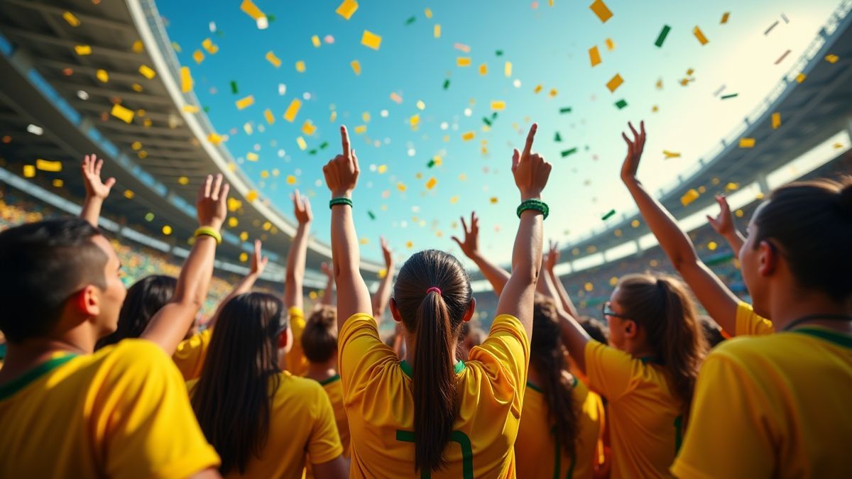 Fans celebrating in a Brazilian football stadium.