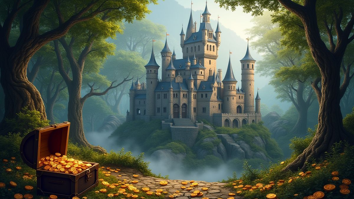 Eine mittelalterliche Burg in einer magischen Waldumgebung, umgeben von Schatztruhen und goldenen Münzen.