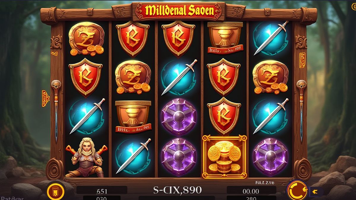 Ein Slot-Interface mit mittelalterlichen Symbolen wie Schilden, Schwertern und Münzen.