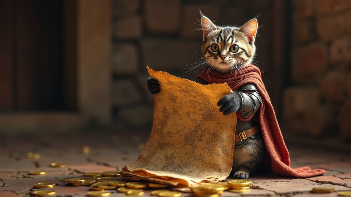 Eine Ritterkatze, die in einem mittelalterlichen Setting eine Schatzkarte hält, mit goldenen Münzen, die auf dem Boden verstreut sind.