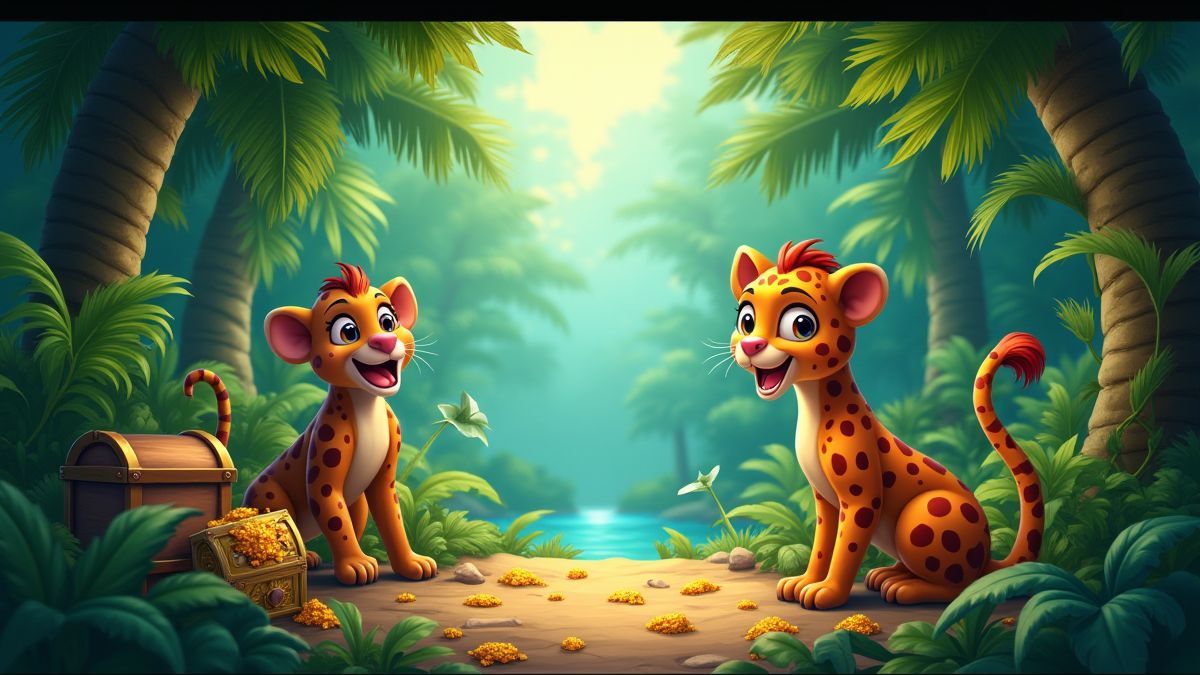 Uma jungla tropical com animais e tesouros escondidos.