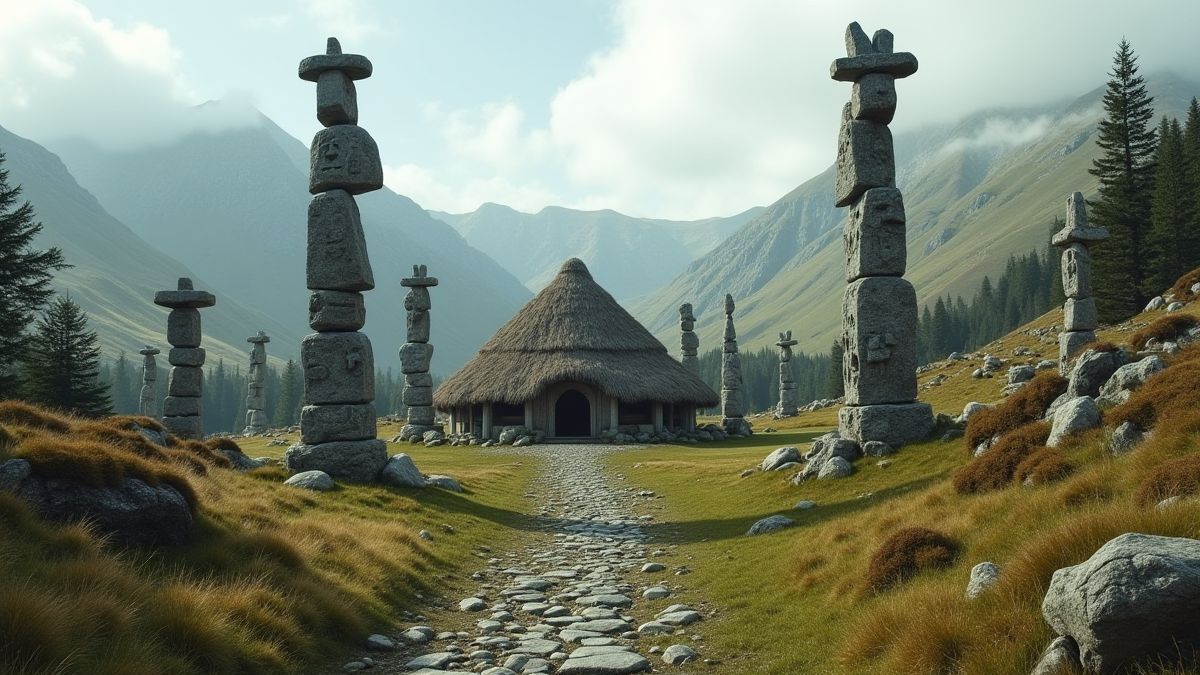 Un village viking entouré de collines et de totems sculptés dans la pierre.