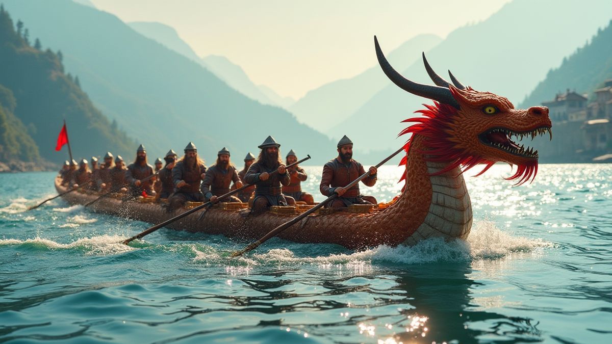 Une course de bateaux dragons vikings en mer bleue étincelante.