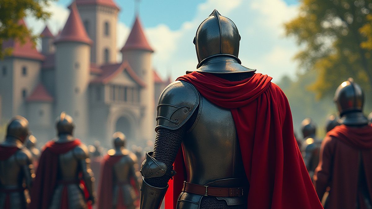 Cavaleiros com armaduras em frente a um castelo medieval.