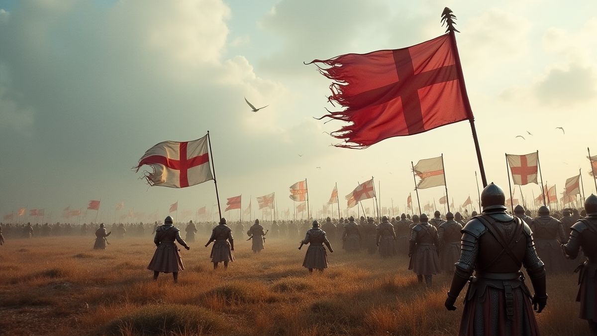 Campo de batalha medieval com bandeiras da Escócia e Inglaterra.