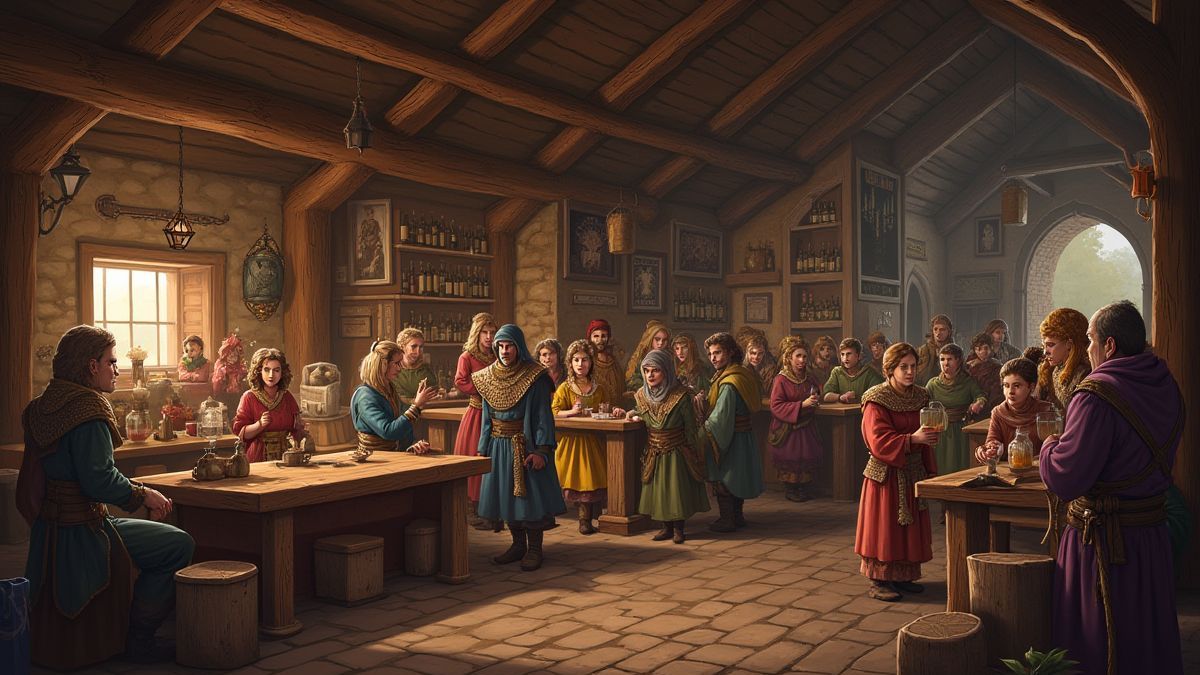 Une taverne médiévale pleine de personnages vibrants comme guerriers et magiciens.