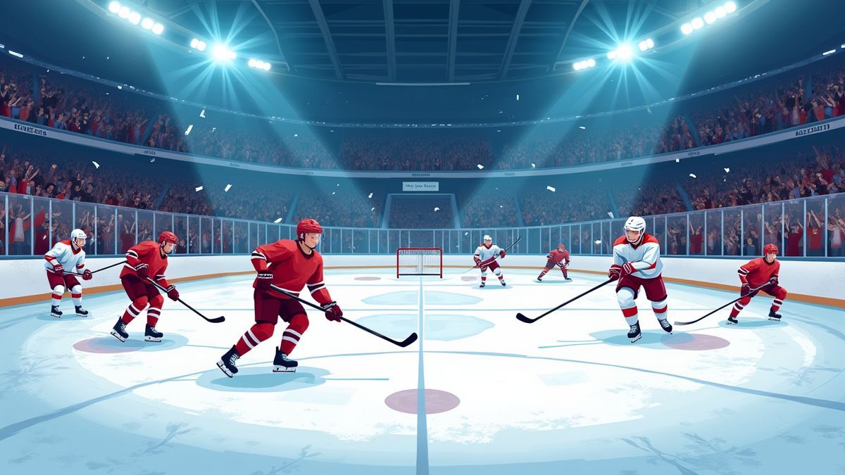 Jugadores de hockey en acción en un estadio lleno.