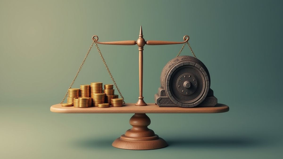 Balanza equilibrada con monedas y una bóveda.