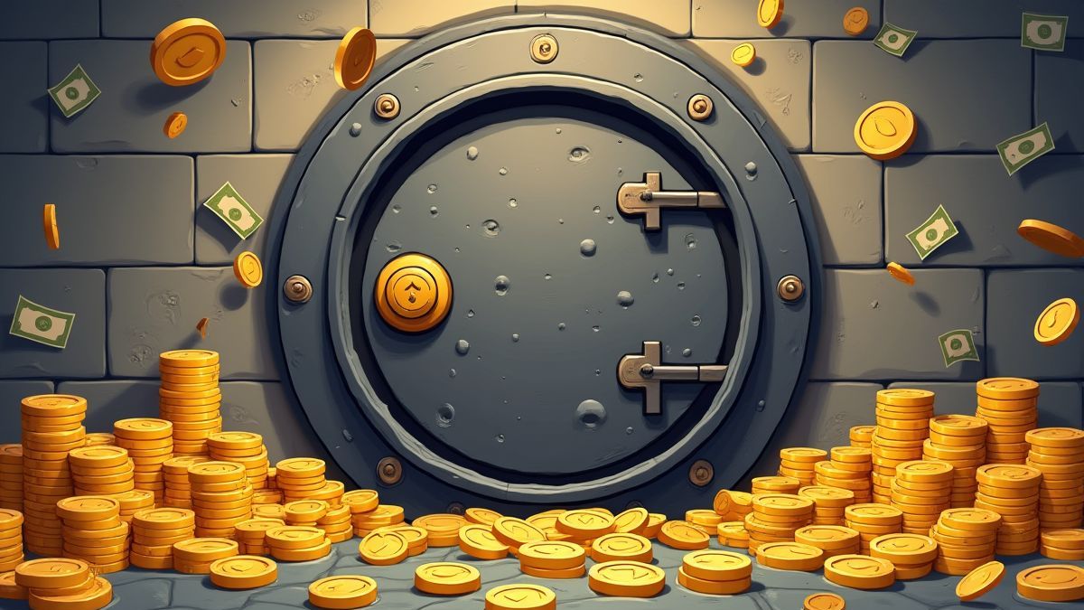 Safetür umgeben von Goldmünzen und Geldscheinen