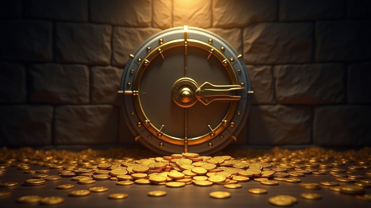 Ein Safe mit Stapeln von Goldmünzen unter einem Licht