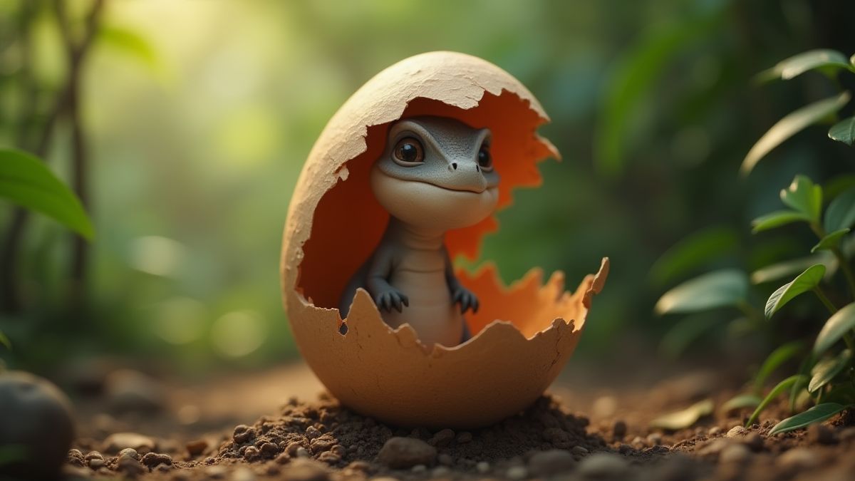 Ein Dinosaurier-Ei, das in einer Dschungelumgebung aufbricht.