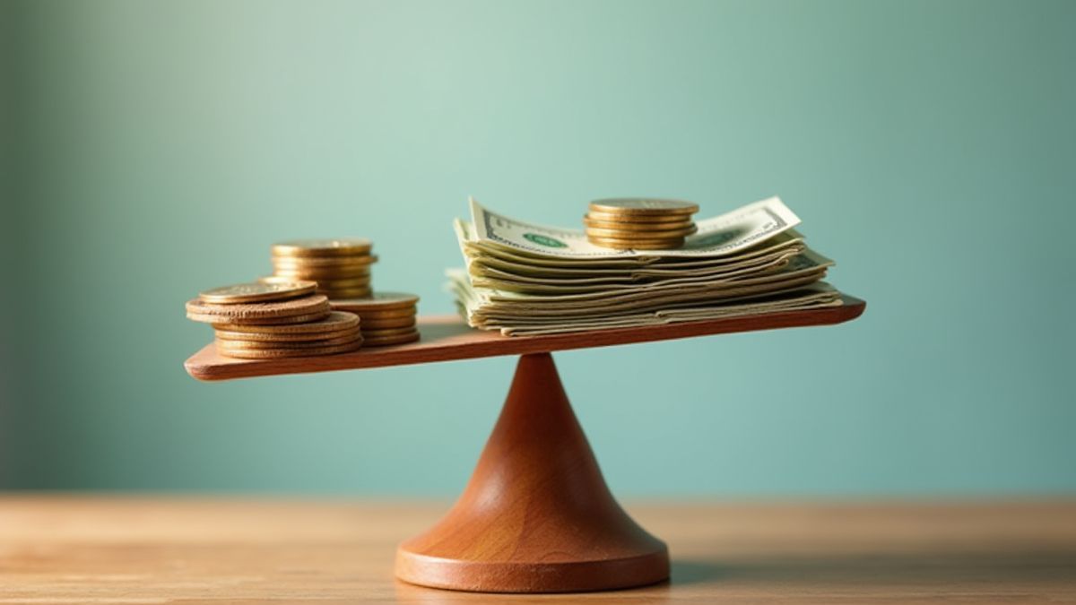 A scale with coins and bills representing medium volatility.