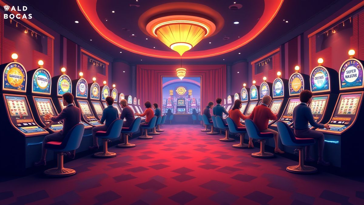 Animated casino lobby with slot machines and players.