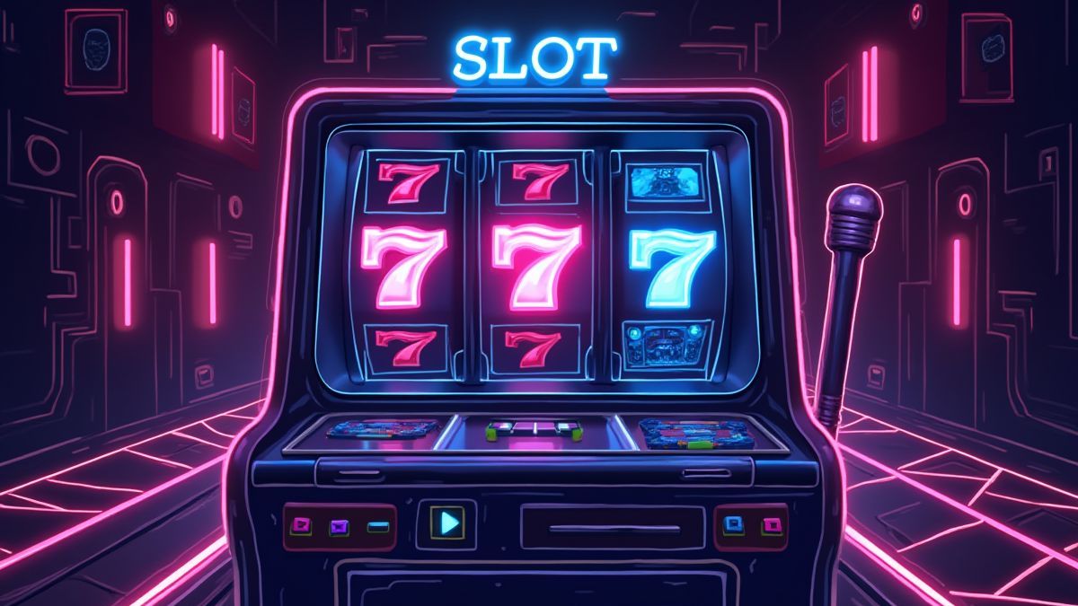 Futuristische Spielautomaten mit Neonlinien und geometrischen Formen.