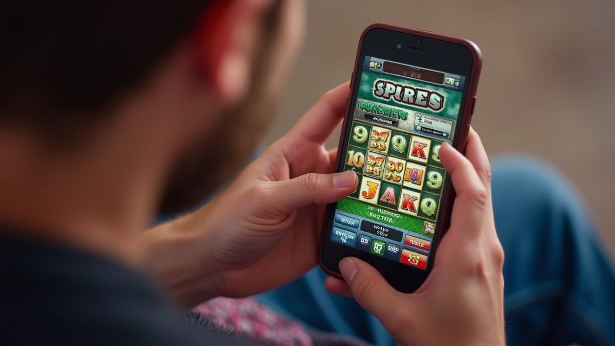 Gelegentlicher Spieler, der ein einfaches Spielautomaten-Spiel auf einem Mobilgerät genießt.
